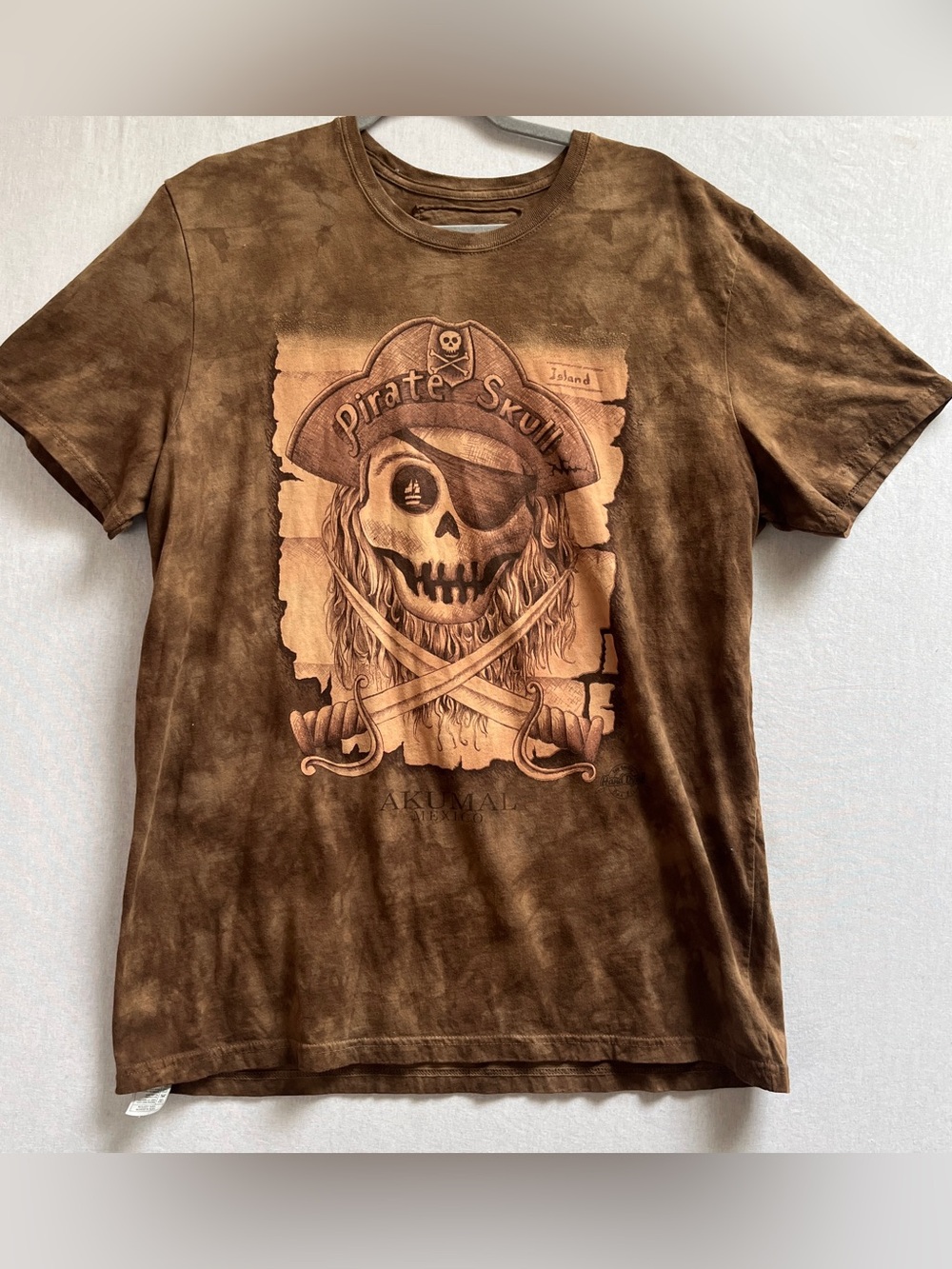 Mayan Ville Hand Dyed Organic Cotton Pirate Skull Graphic T Shirt Brown Size L
